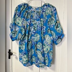 Chicos Shell Print Ramie Blend Blue Blouse size 12